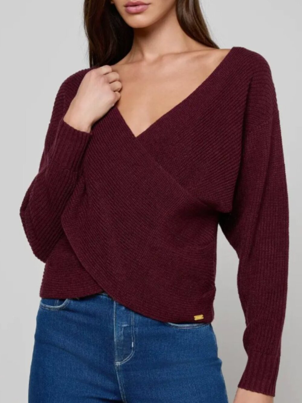 L'AGENCE – Antonella Crossover Knit Sweater (Dark Port) Women's Medium